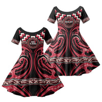 Aotearoa Ngai Te Rangi Personalised Family Matching Off The Shoulder Long Sleeve Dress and Hawaiian Shirt Maori Iwi Poutama Puhoro Tattoo LT14 Daughter's Dress Red - Polynesian Pride