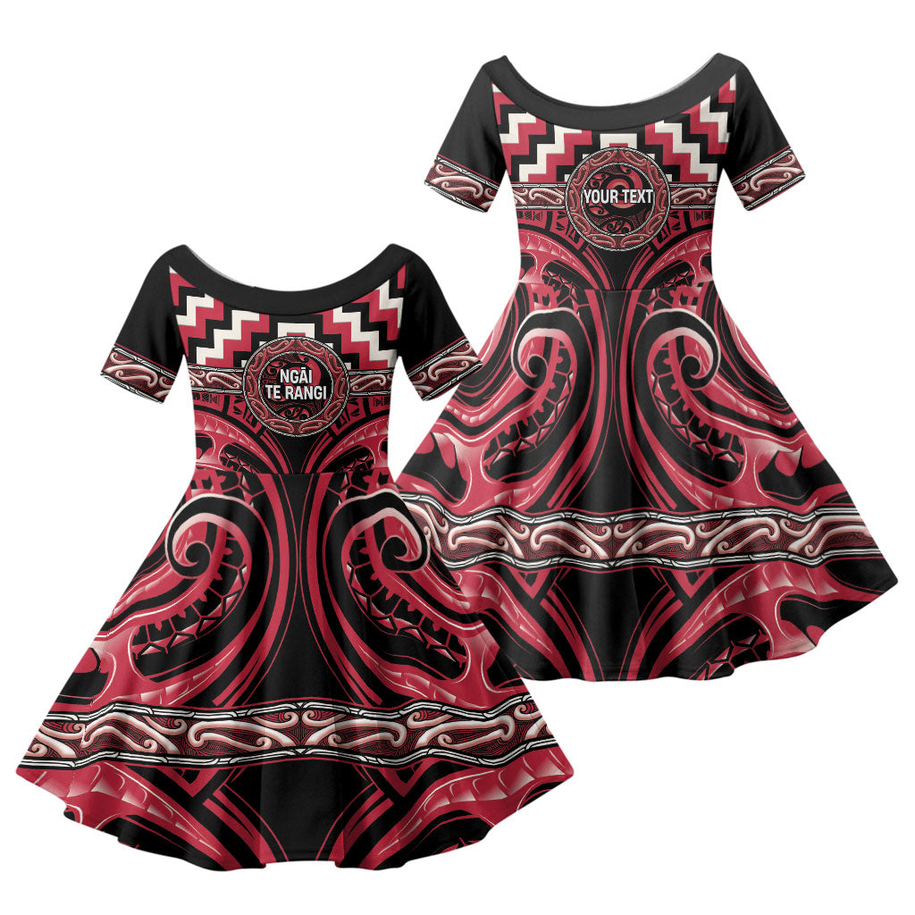Aotearoa Ngai Te Rangi Personalised Family Matching Short Sleeve Bodycon Dress and Hawaiian Shirt Maori Iwi Poutama Puhoro Tattoo LT14 Daughter's Dress Red - Polynesian Pride