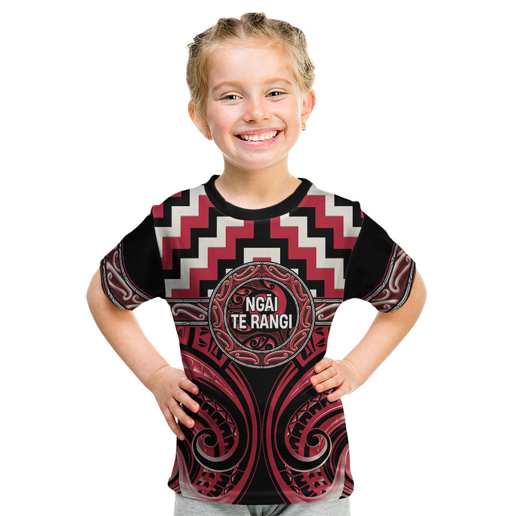 Aotearoa Ngai Te Rangi Personalised Kid T Shirt Maori Iwi Poutama Puhoro Tattoo LT14 Red - Polynesian Pride