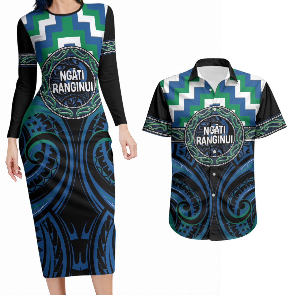 Aotearoa Ngati Ranginui Personalised Couples Matching Long Sleeve Bodycon Dress and Hawaiian Shirt Maori Iwi Poutama Puhoro Tattoo LT14 Green - Polynesian Pride