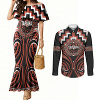 Aotearoa Tapuika Personalised Couples Matching Mermaid Dress and Long Sleeve Button Shirt Maori Iwi Poutama Puhoro Tattoo LT14 Red - Polynesian Pride