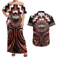 Aotearoa Tapuika Personalised Couples Matching Off Shoulder Maxi Dress and Hawaiian Shirt Maori Iwi Poutama Puhoro Tattoo LT14 Red - Polynesian Pride