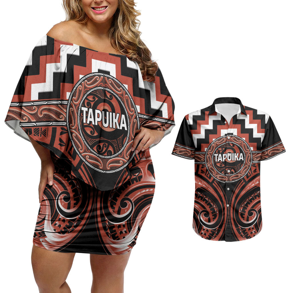 Aotearoa Tapuika Personalised Couples Matching Off Shoulder Short Dress and Hawaiian Shirt Maori Iwi Poutama Puhoro Tattoo LT14 Red - Polynesian Pride