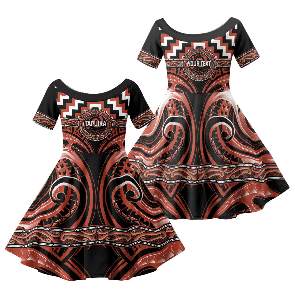 Aotearoa Tapuika Personalised Family Matching Long Sleeve Bodycon Dress and Hawaiian Shirt Maori Iwi Poutama Puhoro Tattoo LT14 Daughter's Dress Red - Polynesian Pride