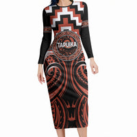 Aotearoa Tapuika Personalised Long Sleeve Bodycon Dress Maori Iwi Poutama Puhoro Tattoo LT14 Long Dress Red - Polynesian Pride