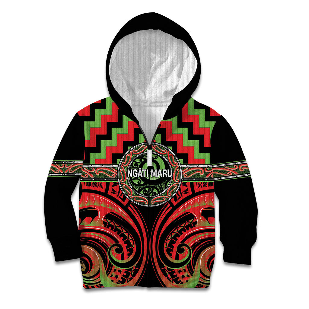 Aotearoa Ngati Maru Personalised Kid Hoodie Maori Iwi Poutama Puhoro Tattoo LT14 Zip Hoodie Red - Polynesian Pride