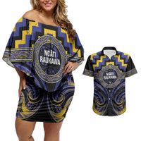 Aotearoa Ngati Raukawa Personalised Couples Matching Off Shoulder Short Dress and Hawaiian Shirt Maori Iwi Poutama Puhoro Tattoo LT14 Blue - Polynesian Pride