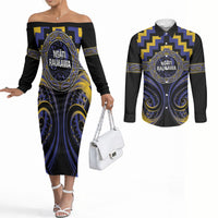 Aotearoa Ngati Raukawa Personalised Couples Matching Off The Shoulder Long Sleeve Dress and Long Sleeve Button Shirt Maori Iwi Poutama Puhoro Tattoo LT14 Blue - Polynesian Pride