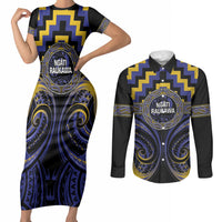 Aotearoa Ngati Raukawa Personalised Couples Matching Short Sleeve Bodycon Dress and Long Sleeve Button Shirt Maori Iwi Poutama Puhoro Tattoo LT14 Blue - Polynesian Pride