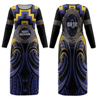 Aotearoa Ngati Raukawa Personalised Family Matching Long Sleeve Bodycon Dress and Hawaiian Shirt Maori Iwi Poutama Puhoro Tattoo LT14 Mom's Dress Blue - Polynesian Pride