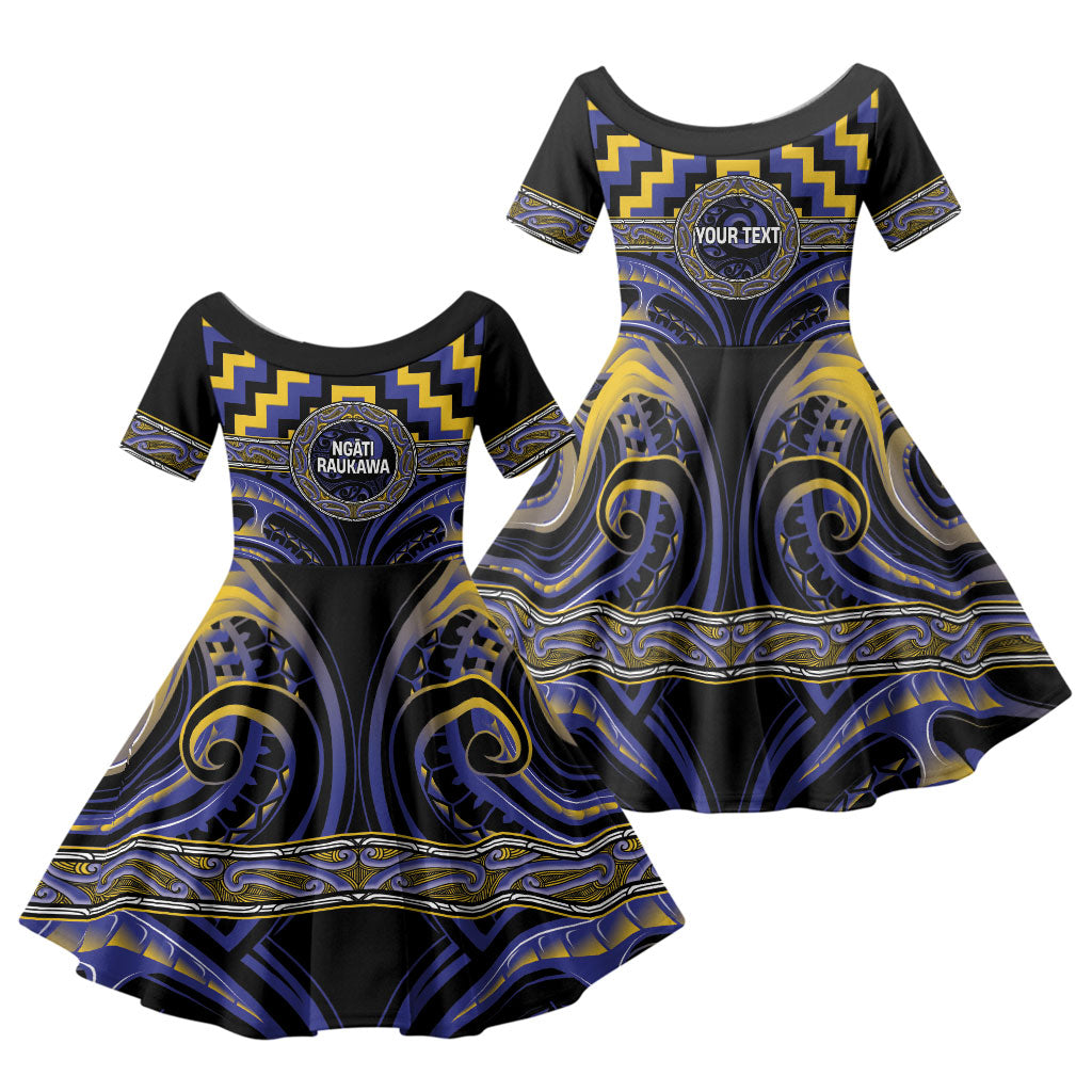 Aotearoa Ngati Raukawa Personalised Family Matching Off The Shoulder Long Sleeve Dress and Hawaiian Shirt Maori Iwi Poutama Puhoro Tattoo LT14 Daughter's Dress Blue - Polynesian Pride