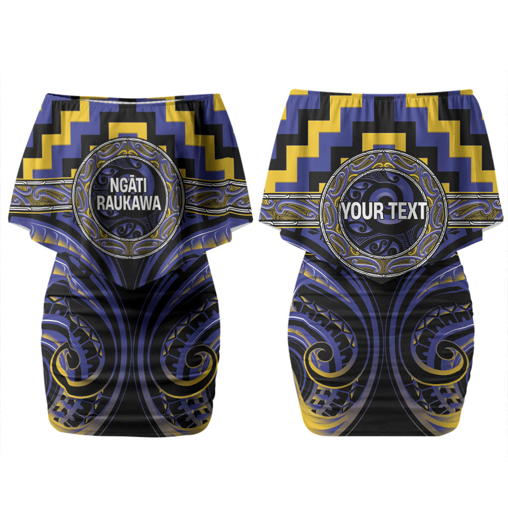 Aotearoa Ngati Raukawa Personalised Family Matching Off Shoulder Short Dress and Hawaiian Shirt Maori Iwi Poutama Puhoro Tattoo LT14 Mom's Dress Blue - Polynesian Pride