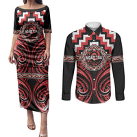 Aotearoa Ngati Toa Personalised Couples Matching Puletasi and Long Sleeve Button Shirt Maori Iwi Poutama Puhoro Tattoo LT14 Red - Polynesian Pride
