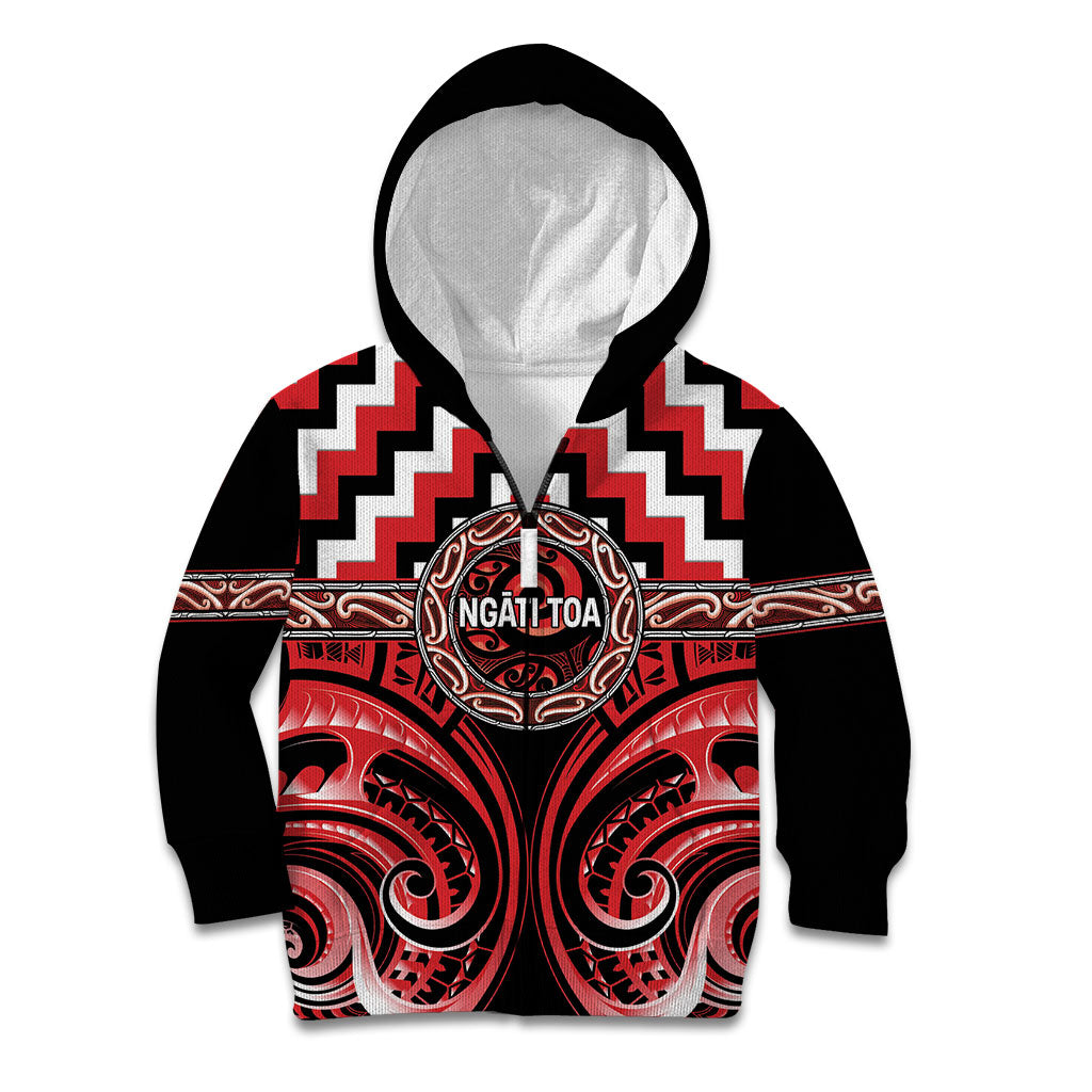 Aotearoa Ngati Toa Personalised Kid Hoodie Maori Iwi Poutama Puhoro Tattoo LT14 Zip Hoodie Red - Polynesian Pride