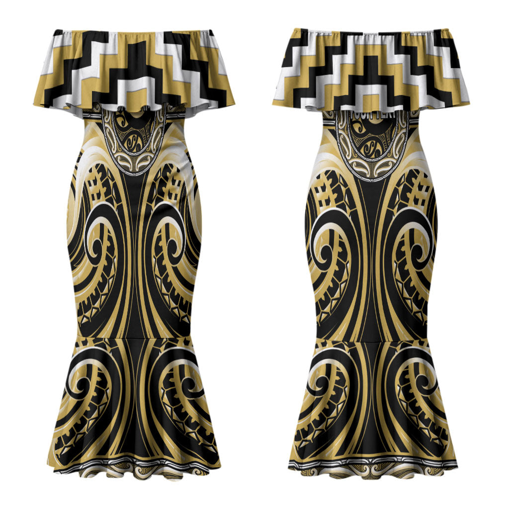 Aotearoa Ngati Tama Personalised Couples Matching Mermaid Dress and Long Sleeve Button Shirt Maori Iwi Poutama Puhoro Tattoo LT14 - Polynesian Pride