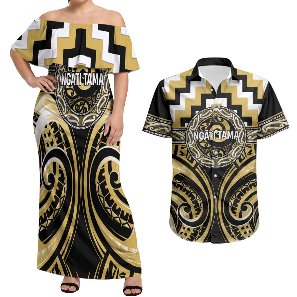 Aotearoa Ngati Tama Personalised Couples Matching Off Shoulder Maxi Dress and Hawaiian Shirt Maori Iwi Poutama Puhoro Tattoo LT14 Yellow - Polynesian Pride