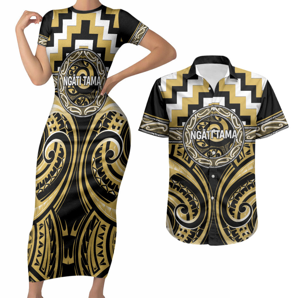 Aotearoa Ngati Tama Personalised Couples Matching Short Sleeve Bodycon Dress and Hawaiian Shirt Maori Iwi Poutama Puhoro Tattoo LT14 Yellow - Polynesian Pride