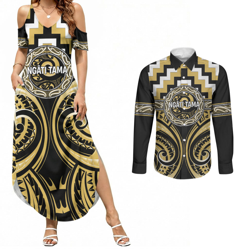 Aotearoa Ngati Tama Personalised Couples Matching Summer Maxi Dress and Long Sleeve Button Shirt Maori Iwi Poutama Puhoro Tattoo LT14 Yellow - Polynesian Pride