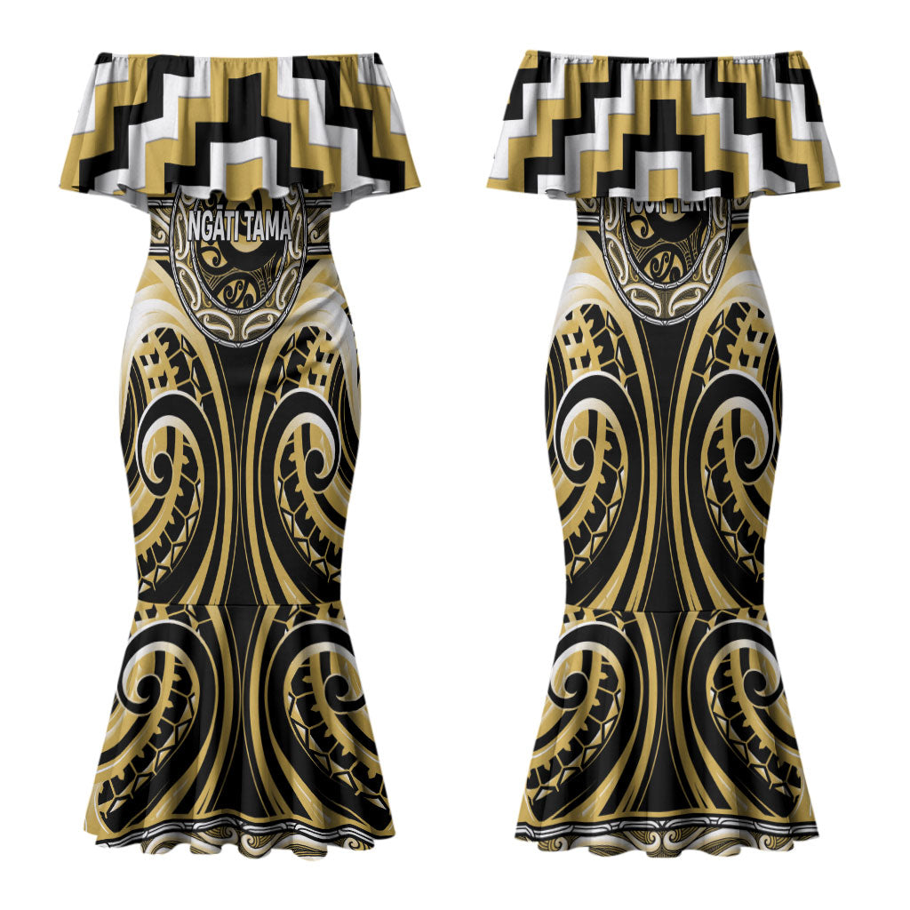 Aotearoa Ngati Tama Personalised Family Matching Mermaid Dress and Hawaiian Shirt Maori Iwi Poutama Puhoro Tattoo LT14 Mom's Dress Yellow - Polynesian Pride