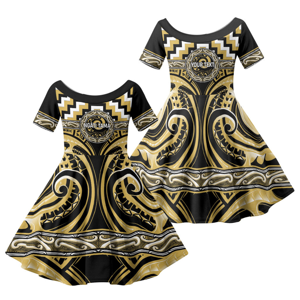 Aotearoa Ngati Tama Personalised Family Matching Off Shoulder Maxi Dress and Hawaiian Shirt Maori Iwi Poutama Puhoro Tattoo LT14 Daughter's Dress Yellow - Polynesian Pride