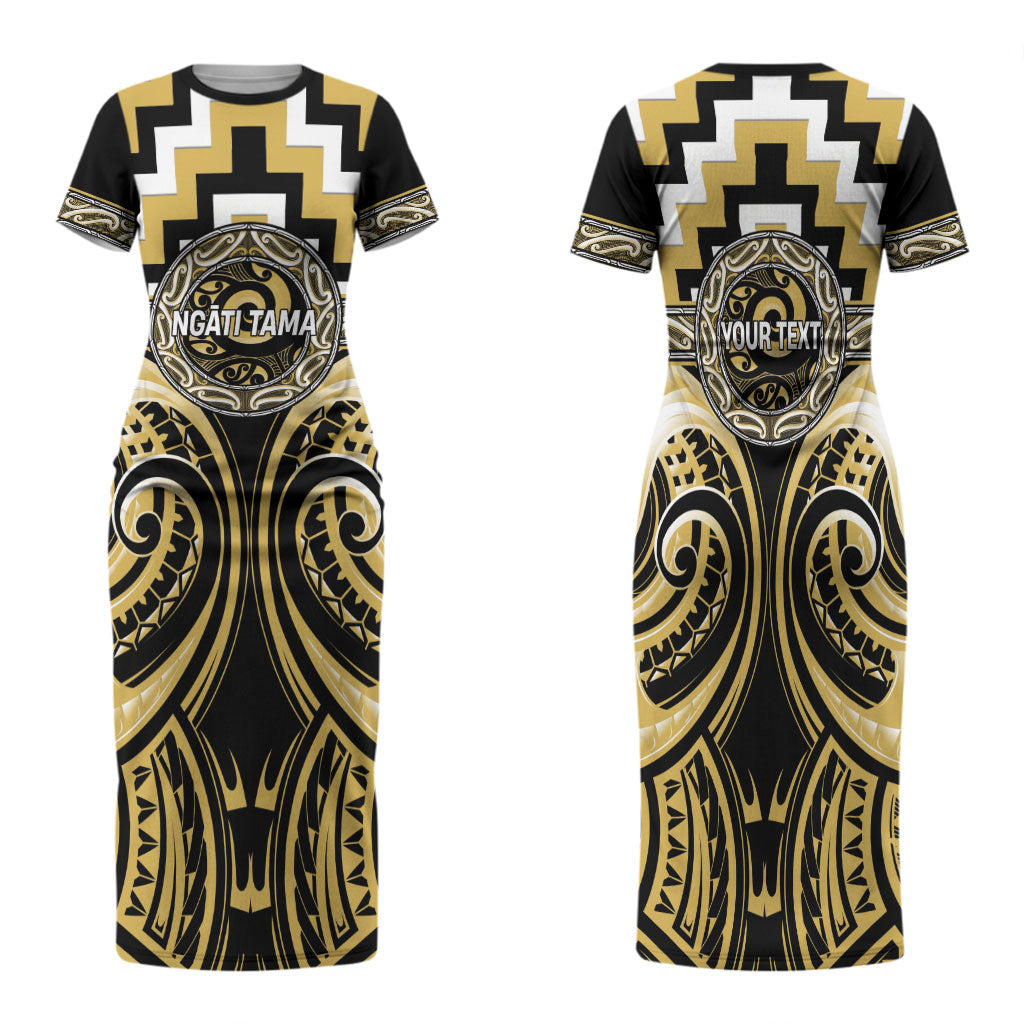 Aotearoa Ngati Tama Personalised Family Matching Short Sleeve Bodycon Dress and Hawaiian Shirt Maori Iwi Poutama Puhoro Tattoo LT14 Mom's Dress Yellow - Polynesian Pride