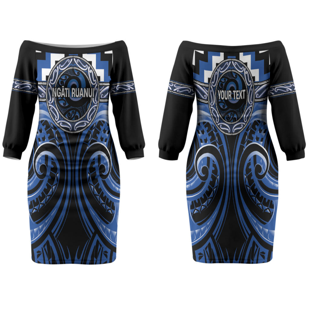 Aotearoa Ngati Ruanui Personalised Family Matching Off The Shoulder Long Sleeve Dress and Hawaiian Shirt Maori Iwi Poutama Puhoro Tattoo LT14 Mom's Dress Blue - Polynesian Pride