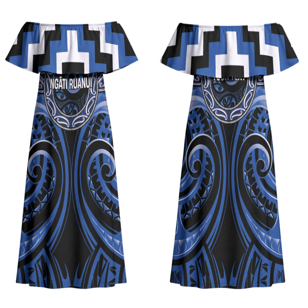 Aotearoa Ngati Ruanui Personalised Family Matching Off Shoulder Maxi Dress and Hawaiian Shirt Maori Iwi Poutama Puhoro Tattoo LT14 Mom's Dress Blue - Polynesian Pride