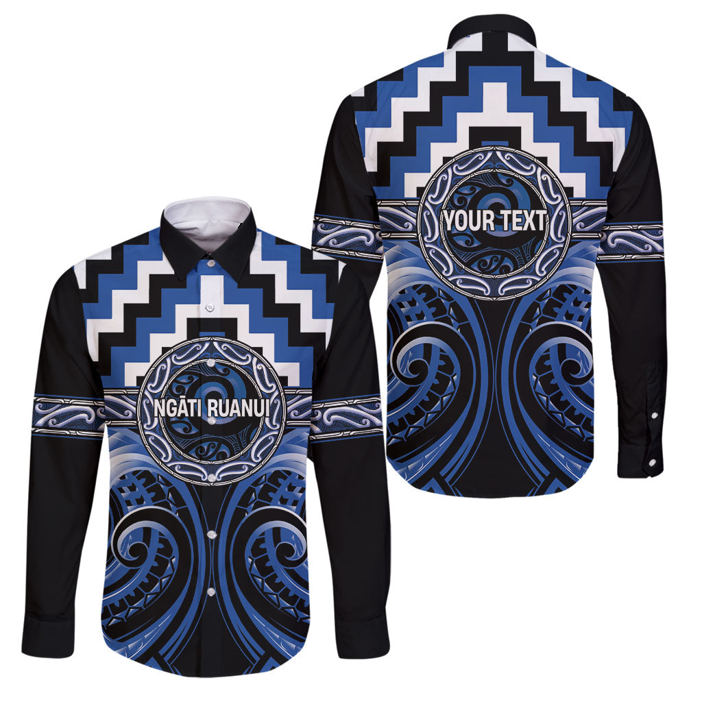Aotearoa Ngati Ruanui Personalised Family Matching Summer Maxi Dress and Hawaiian Shirt Maori Iwi Poutama Puhoro Tattoo LT14 Dad's Shirt - Long Sleeve Blue - Polynesian Pride