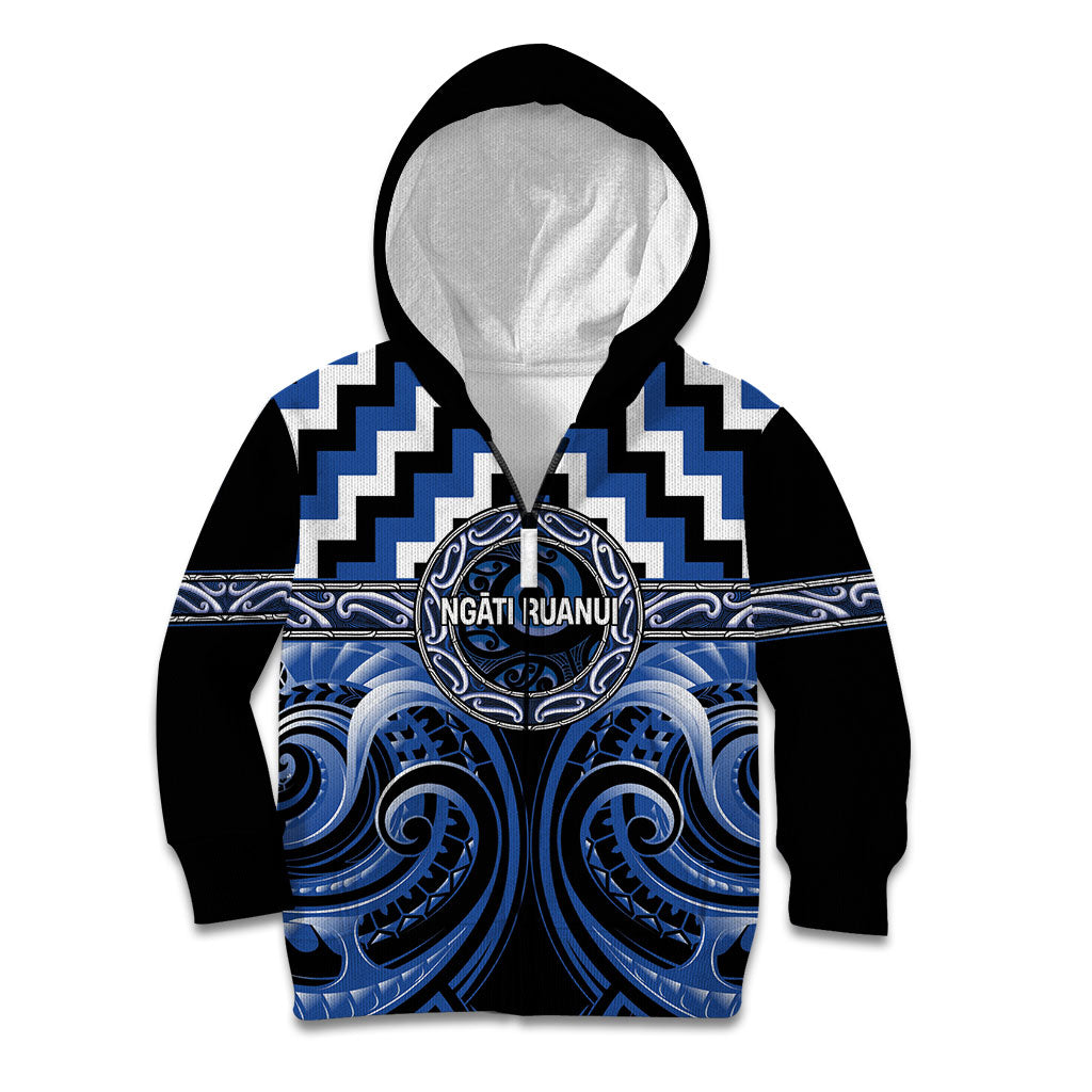 Aotearoa Ngati Ruanui Personalised Kid Hoodie Maori Iwi Poutama Puhoro Tattoo LT14 Zip Hoodie Blue - Polynesian Pride