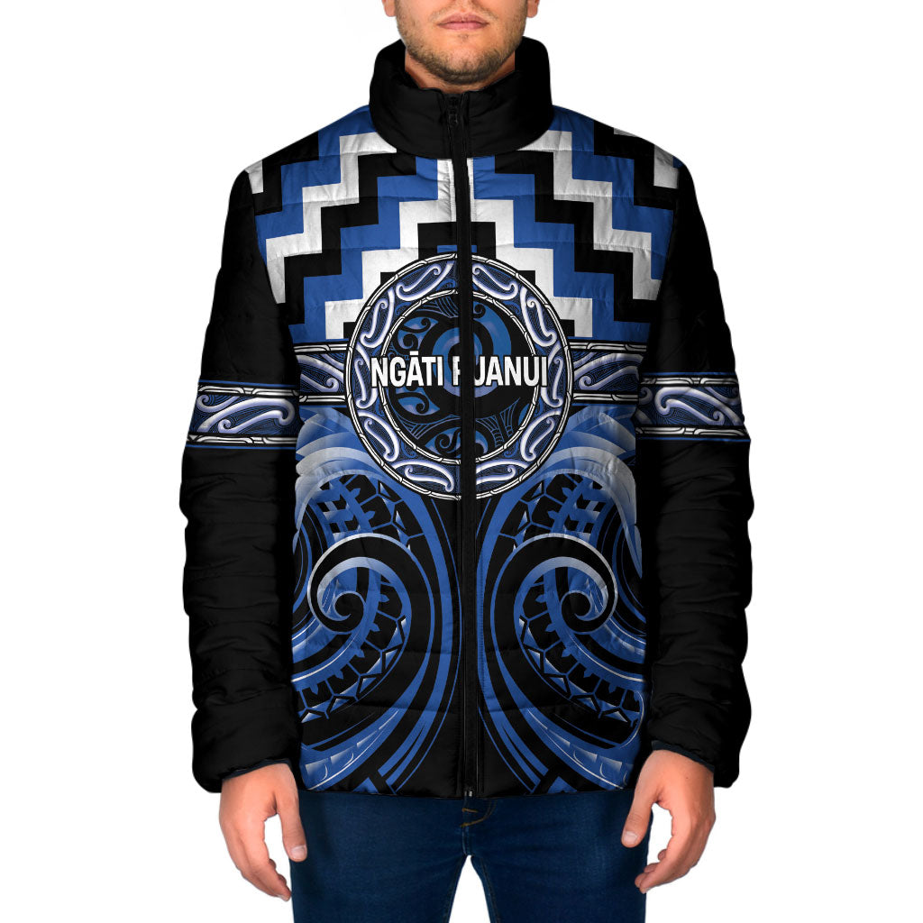 Aotearoa Ngati Ruanui Personalised Padded Jacket Maori Iwi Poutama Puhoro Tattoo LT14 Men Blue - Polynesian Pride