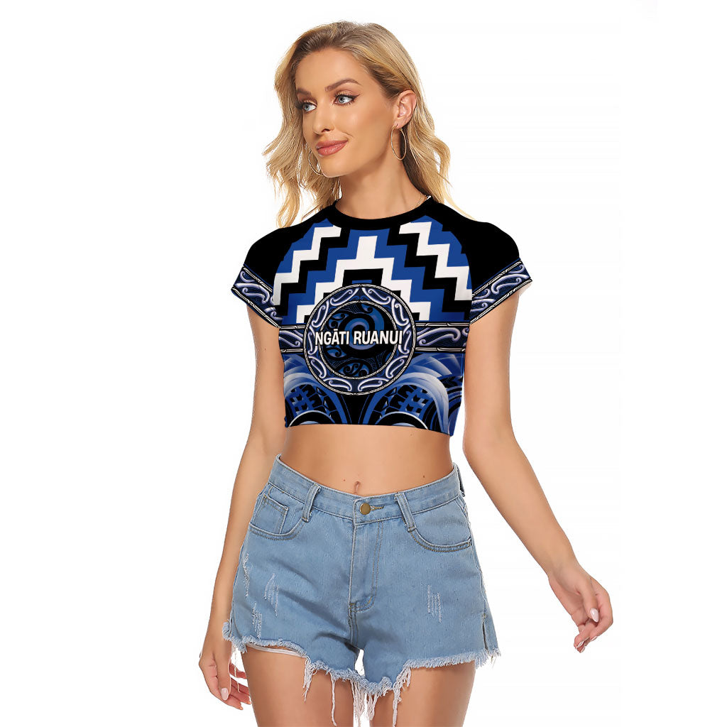 Aotearoa Ngati Ruanui Personalised Raglan Cropped T Shirt Maori Iwi Poutama Puhoro Tattoo LT14 Female Blue - Polynesian Pride