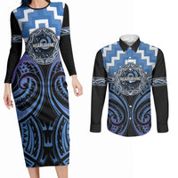 Aotearoa Ngaruahine Personalised Couples Matching Long Sleeve Bodycon Dress and Long Sleeve Button Shirt Maori Iwi Poutama Puhoro Tattoo LT14 Blue - Polynesian Pride