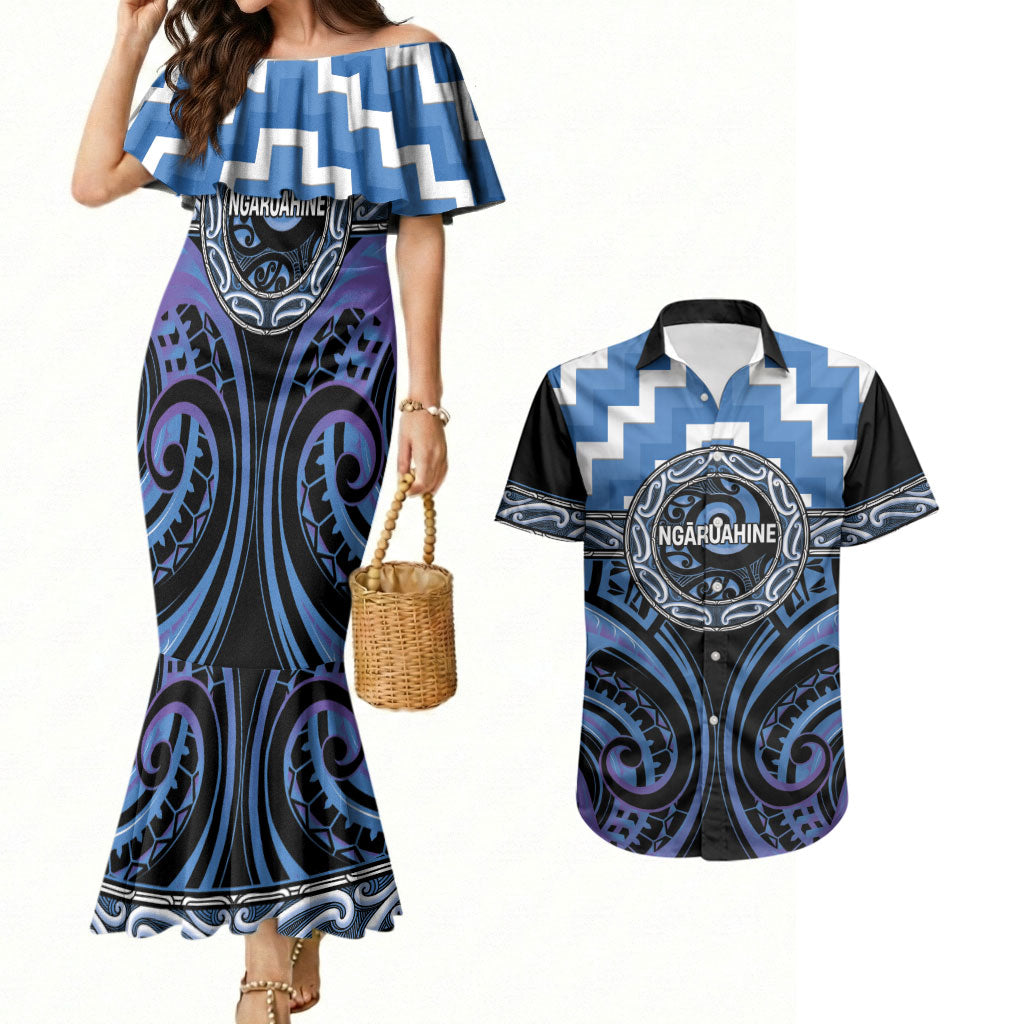 Aotearoa Ngaruahine Personalised Couples Matching Mermaid Dress and Hawaiian Shirt Maori Iwi Poutama Puhoro Tattoo LT14 Blue - Polynesian Pride