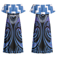 Aotearoa Ngaruahine Personalised Family Matching Off Shoulder Maxi Dress and Hawaiian Shirt Maori Iwi Poutama Puhoro Tattoo LT14 Mom's Dress Blue - Polynesian Pride