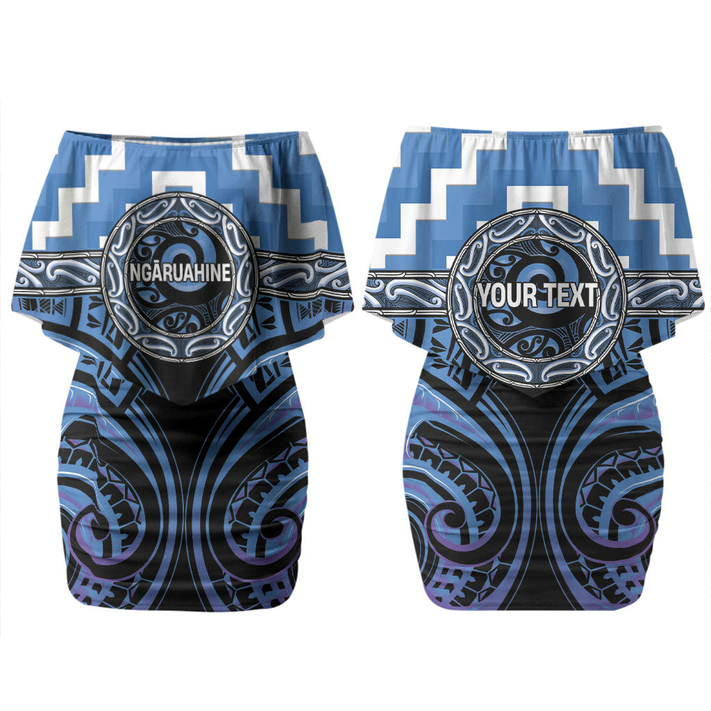 Aotearoa Ngaruahine Personalised Family Matching Off Shoulder Short Dress and Hawaiian Shirt Maori Iwi Poutama Puhoro Tattoo LT14 Mom's Dress Blue - Polynesian Pride