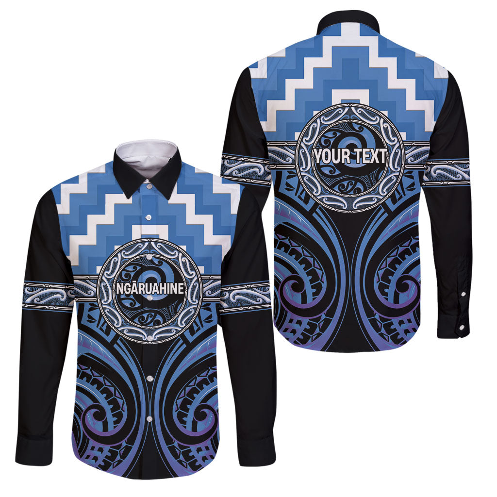 Aotearoa Ngaruahine Personalised Family Matching Off Shoulder Short Dress and Hawaiian Shirt Maori Iwi Poutama Puhoro Tattoo LT14 Dad's Shirt - Long Sleeve Blue - Polynesian Pride