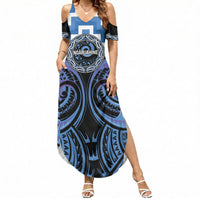 Aotearoa Ngaruahine Personalised Summer Maxi Dress Maori Iwi Poutama Puhoro Tattoo LT14 Women Blue - Polynesian Pride