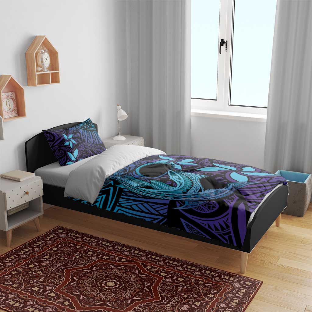 Nukuoro Atoll Bedding Set Polynesian Shark Tattoo Purple Gradient Vibes