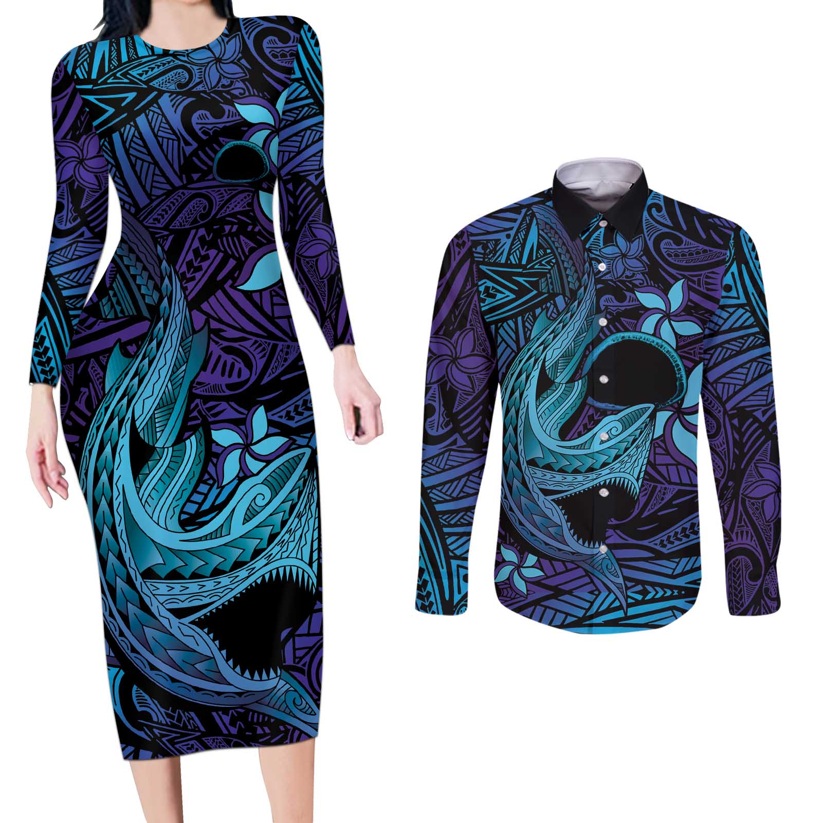 Nukuoro Atoll Couples Matching Long Sleeve Bodycon Dress and Long Sleeve Button Shirt Polynesian Shark Tattoo Purple Gradient Vibes