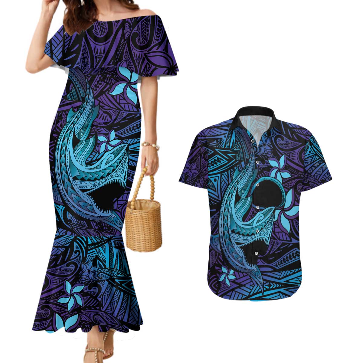 Nukuoro Atoll Couples Matching Mermaid Dress and Hawaiian Shirt Polynesian Shark Tattoo Purple Gradient Vibes