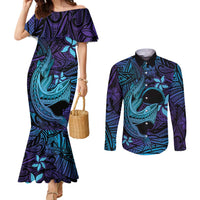 Nukuoro Atoll Couples Matching Mermaid Dress and Long Sleeve Button Shirt Polynesian Shark Tattoo Purple Gradient Vibes