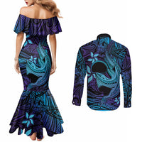 Nukuoro Atoll Couples Matching Mermaid Dress and Long Sleeve Button Shirt Polynesian Shark Tattoo Purple Gradient Vibes