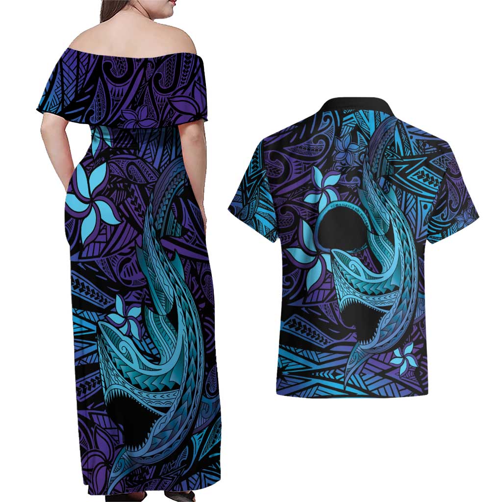 Nukuoro Atoll Couples Matching Off Shoulder Maxi Dress and Hawaiian Shirt Polynesian Shark Tattoo Purple Gradient Vibes