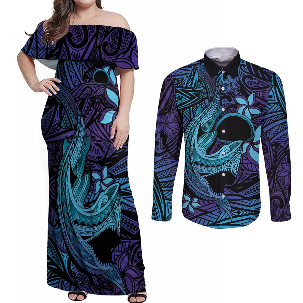 Nukuoro Atoll Couples Matching Off Shoulder Maxi Dress and Long Sleeve Button Shirt Polynesian Shark Tattoo Purple Gradient Vibes