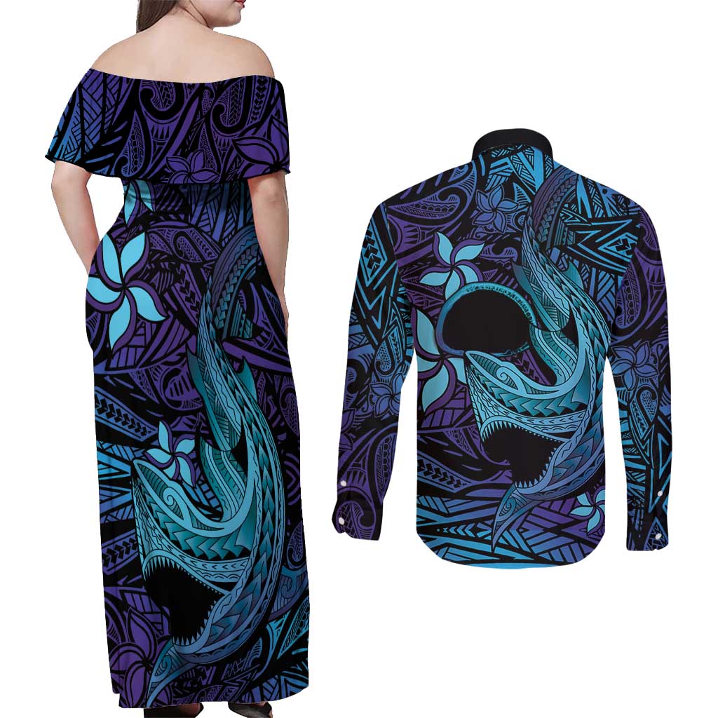 Nukuoro Atoll Couples Matching Off Shoulder Maxi Dress and Long Sleeve Button Shirt Polynesian Shark Tattoo Purple Gradient Vibes