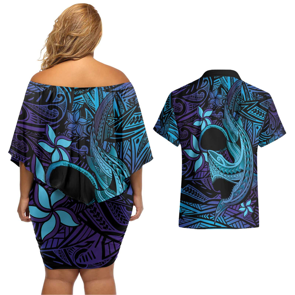 Nukuoro Atoll Couples Matching Off Shoulder Short Dress and Hawaiian Shirt Polynesian Shark Tattoo Purple Gradient Vibes