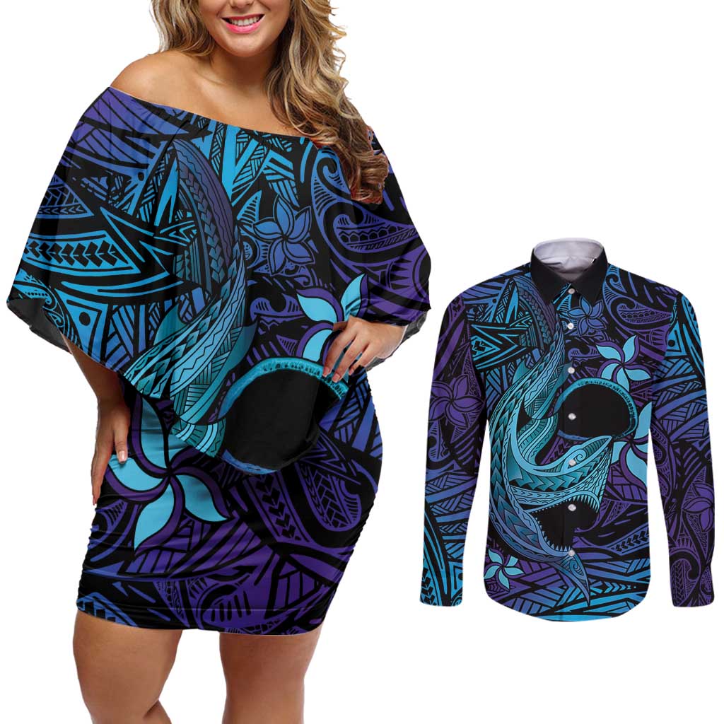 Nukuoro Atoll Couples Matching Off Shoulder Short Dress and Long Sleeve Button Shirt Polynesian Shark Tattoo Purple Gradient Vibes