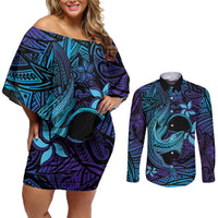 Nukuoro Atoll Couples Matching Off Shoulder Short Dress and Long Sleeve Button Shirt Polynesian Shark Tattoo Purple Gradient Vibes