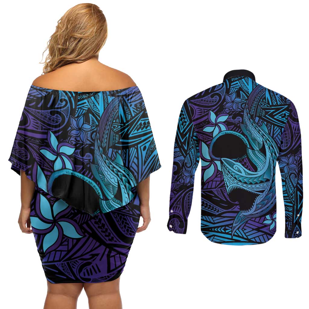 Nukuoro Atoll Couples Matching Off Shoulder Short Dress and Long Sleeve Button Shirt Polynesian Shark Tattoo Purple Gradient Vibes