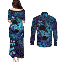 Nukuoro Atoll Couples Matching Puletasi and Long Sleeve Button Shirt Polynesian Shark Tattoo Purple Gradient Vibes